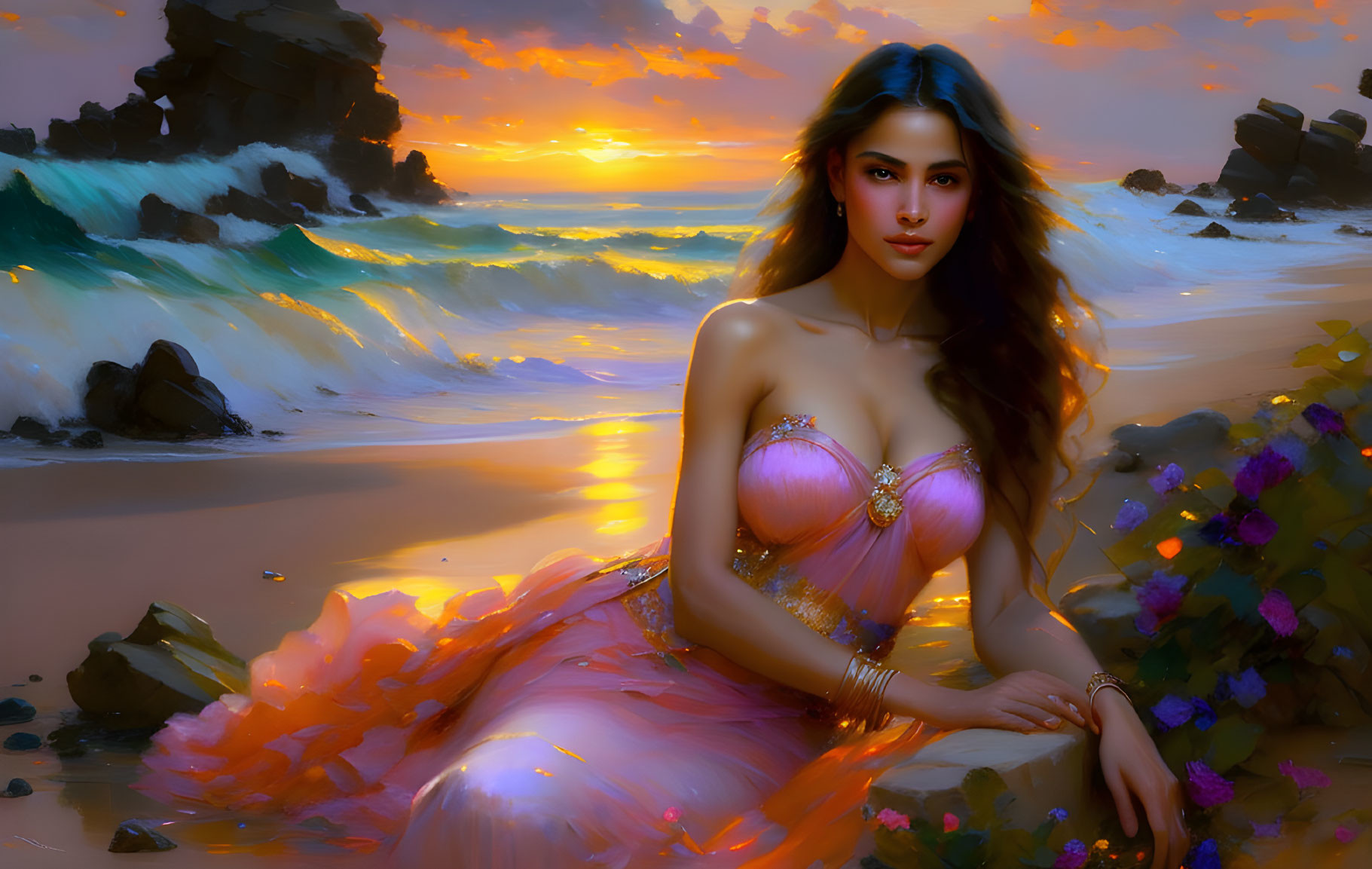 Woman in Pink Dress Seaside Sunset Scene