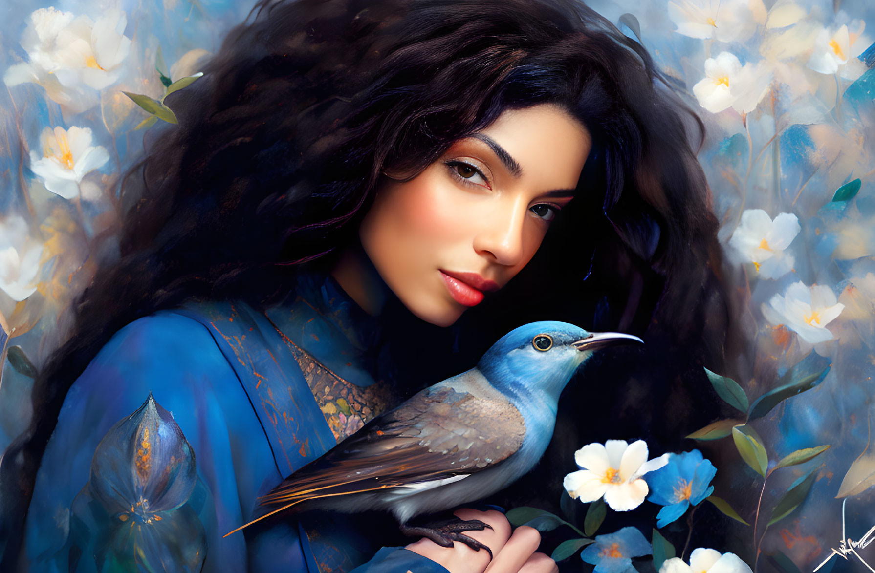 Portrait of a Woman with Long Curly Black Hair and Brown Eyes Holding a Blue Bird among White Flowers