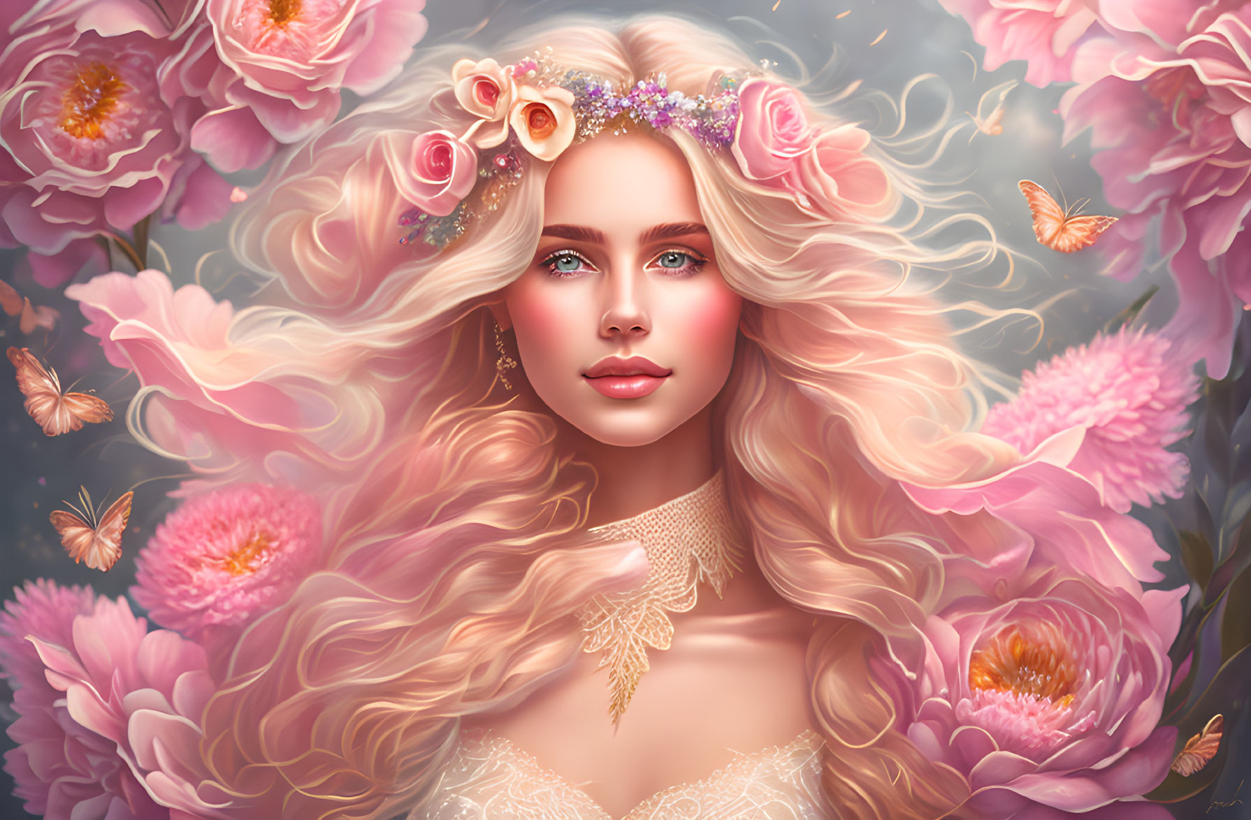 Blonde woman portrait with flowers and butterflies in pink setting