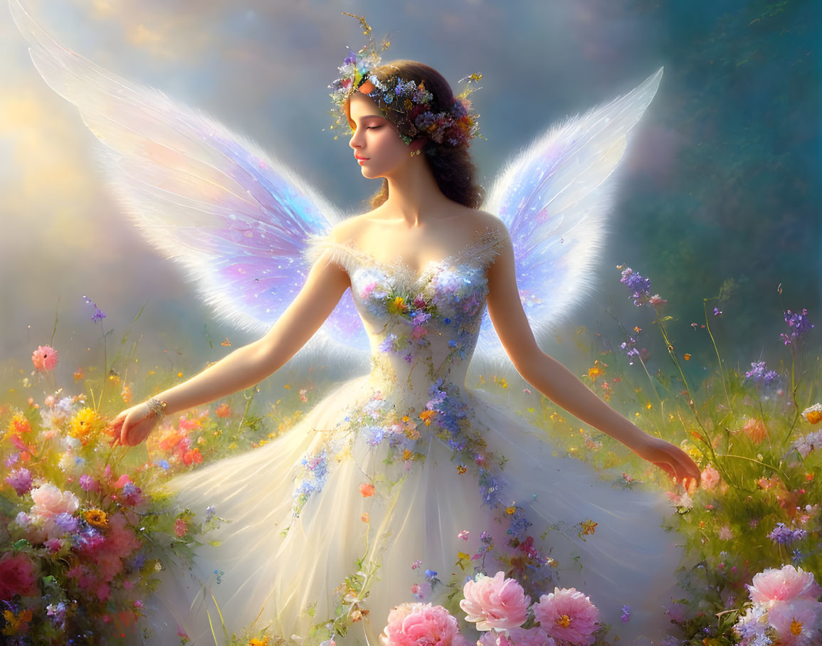 Ethereal figure with wings among blooming flowers in soft light