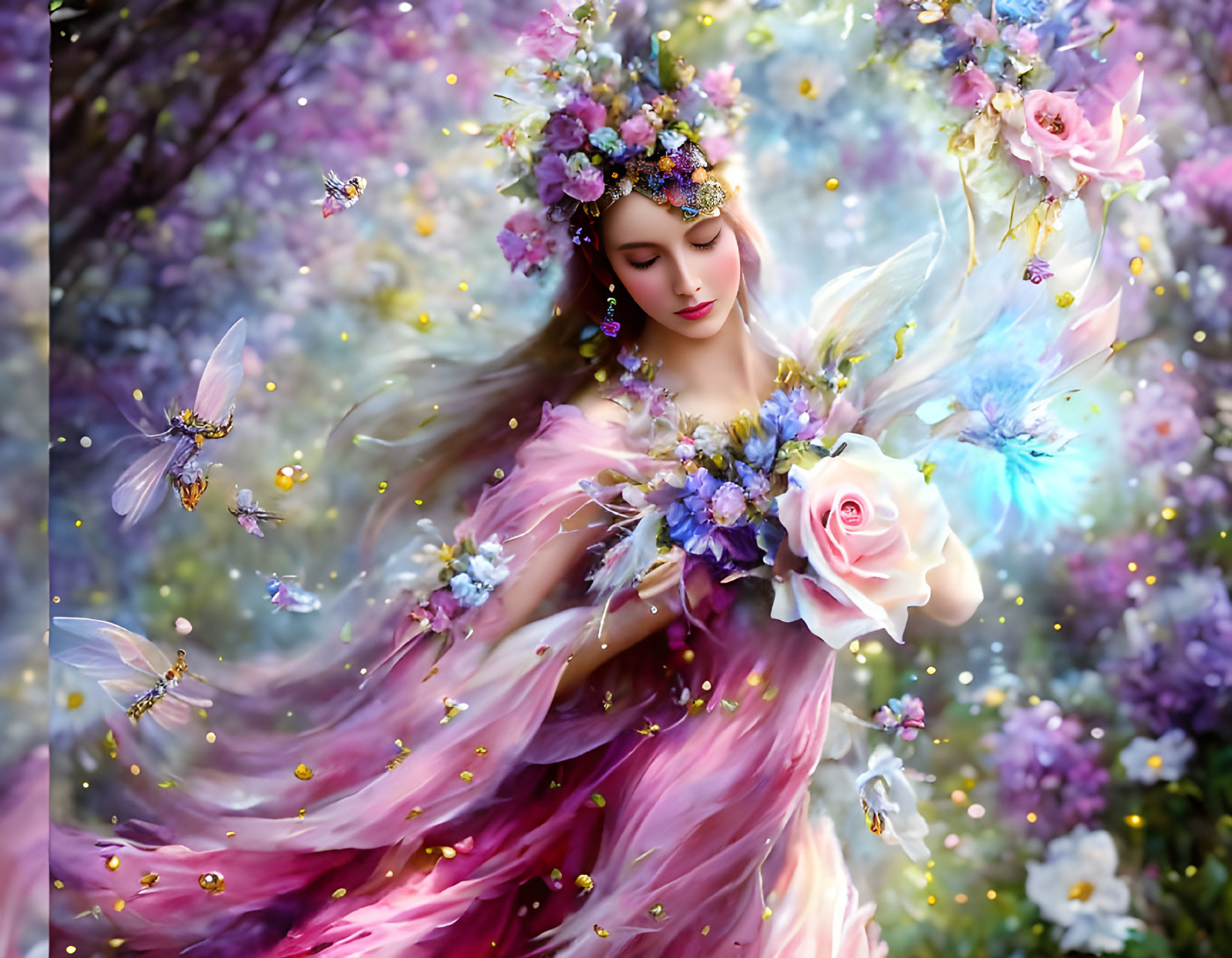 Fantasy illustration of woman with flower crown and bees in magical floral scene