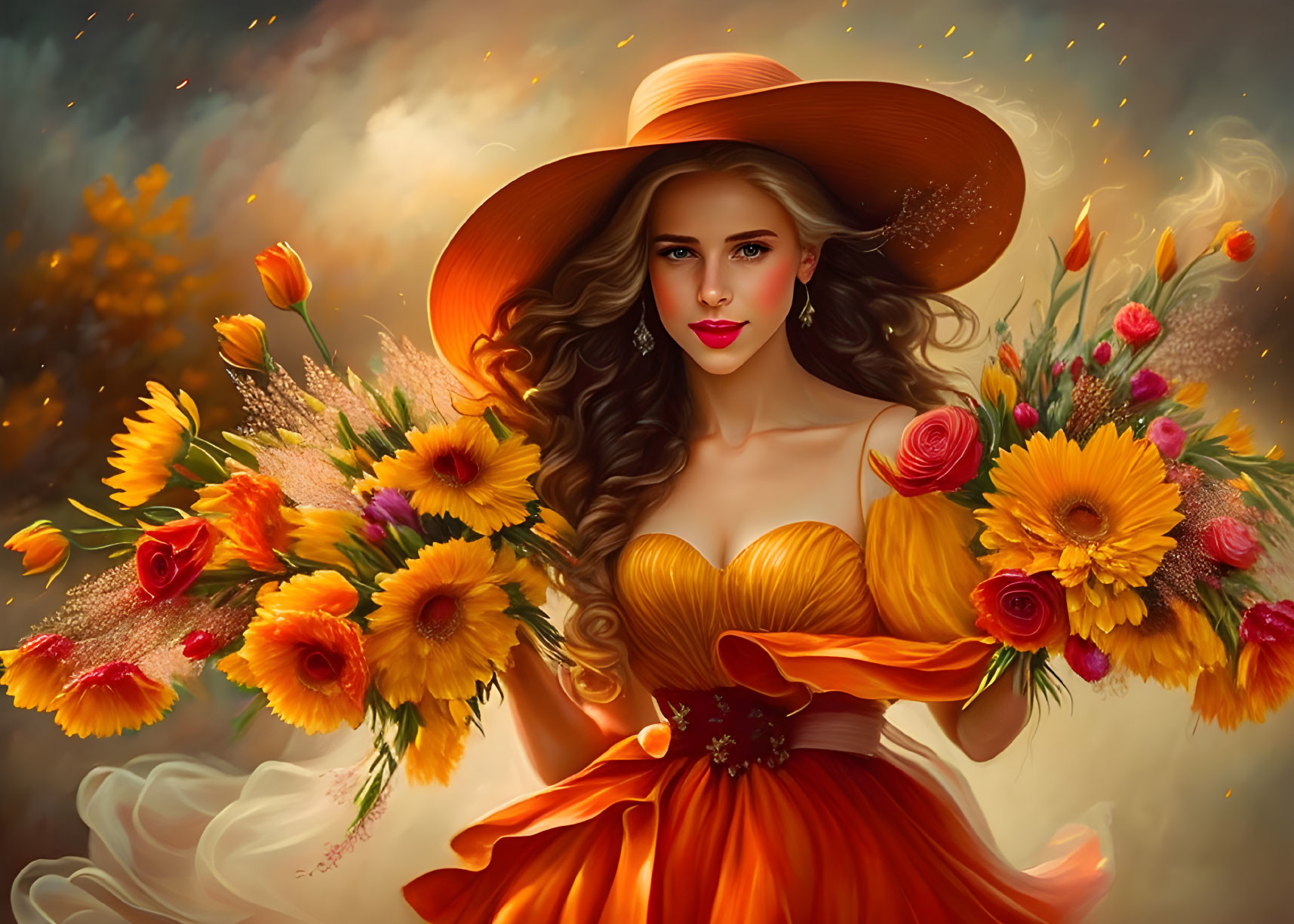 Woman in Orange Dress and Wide-Brimmed Hat with Bouquet in Artistic Style