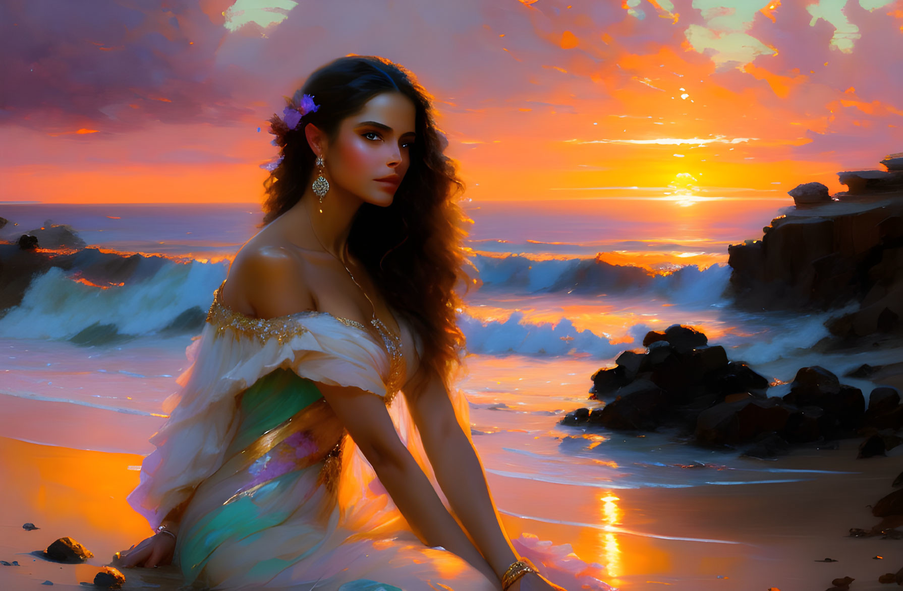 Woman with flower in hair on beach at sunset with crashing waves and orange skies