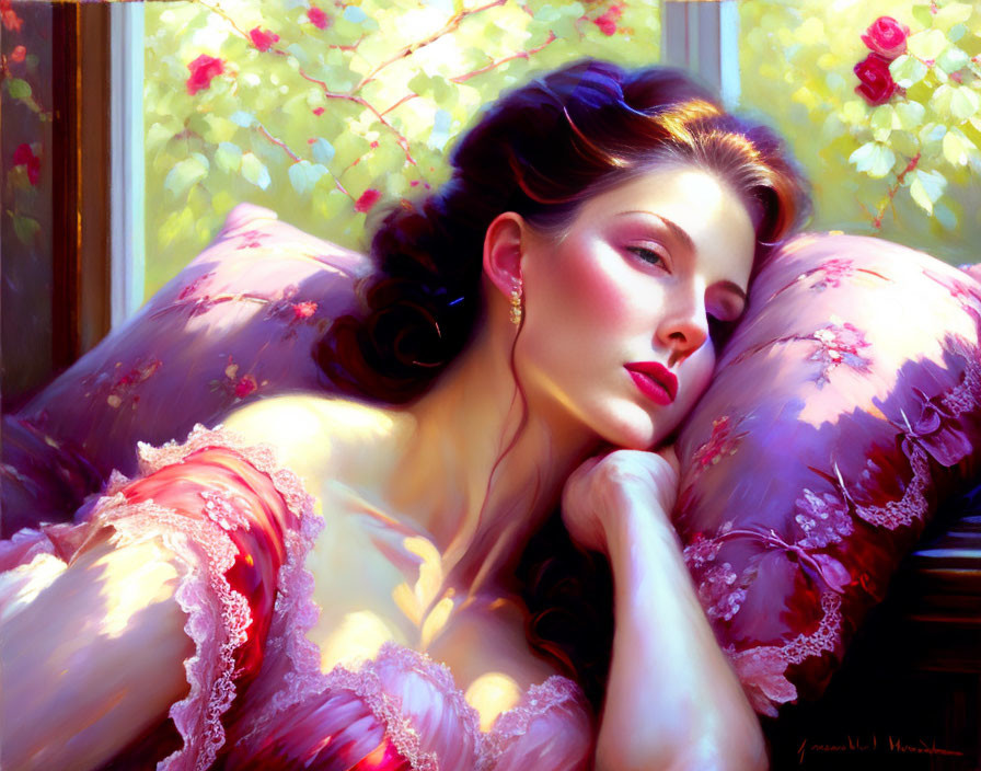 Illustrated woman resting on pillow with sunlight and flowers.