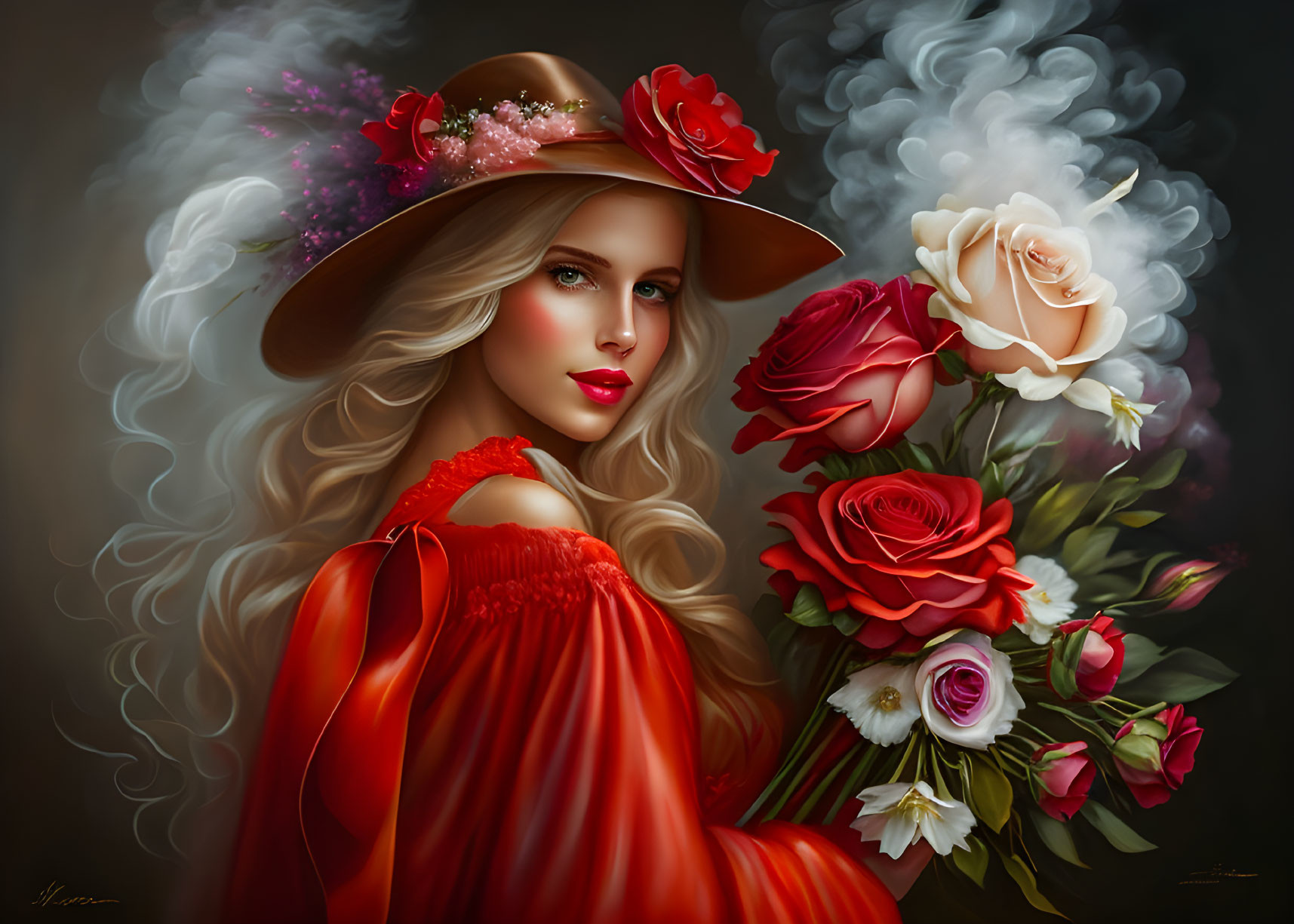 Blonde Woman Portrait in Red Hat and Dress with Roses Bouquet