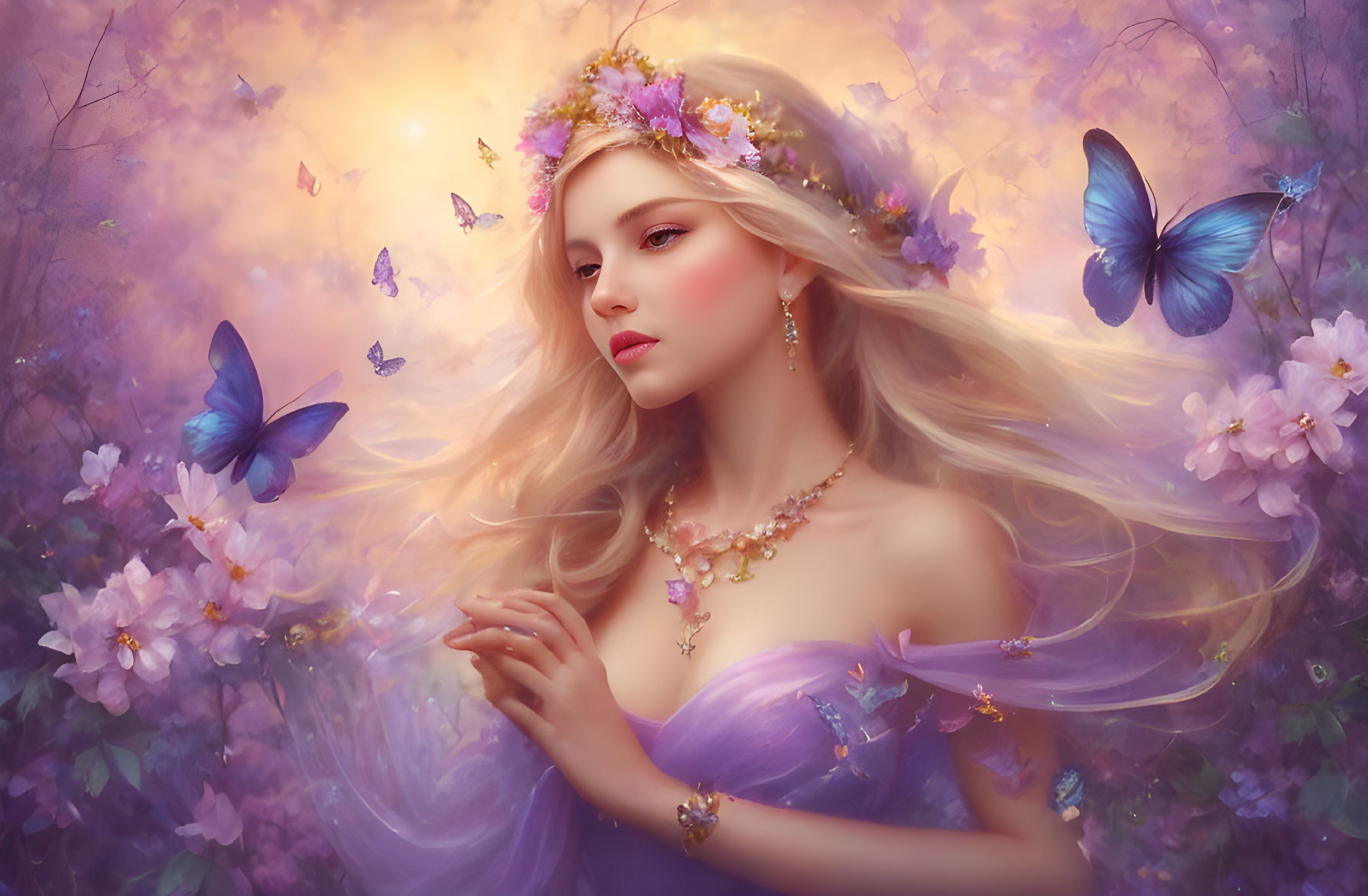 Blond woman with flower crown and butterflies in purple floral setting