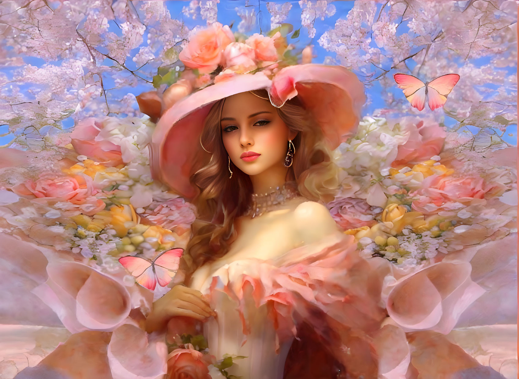 Woman in floral dress and hat surrounded by butterflies in cherry blossom scenery