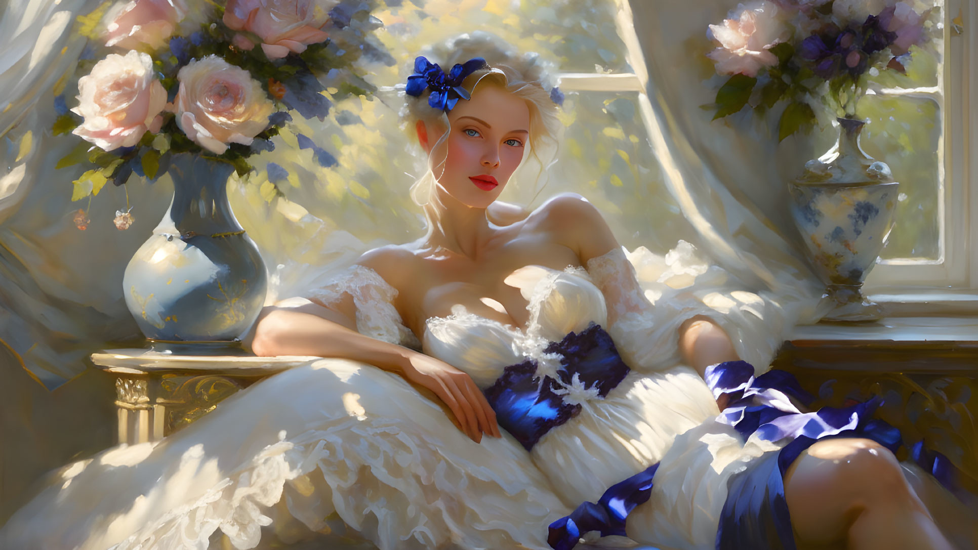 Woman in White Dress with Blue Floral Accents Reclining in Serene Setting