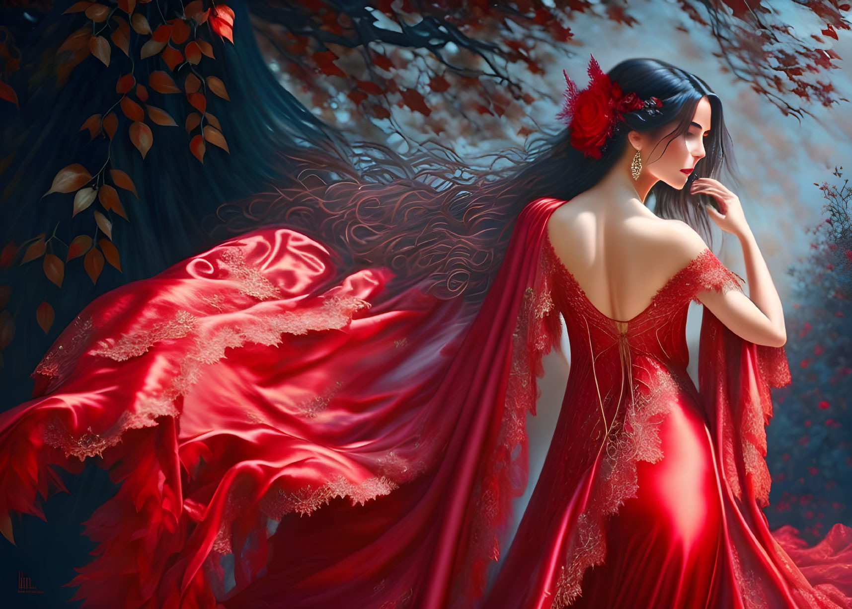 Elegant woman in red gown amidst autumn scenery