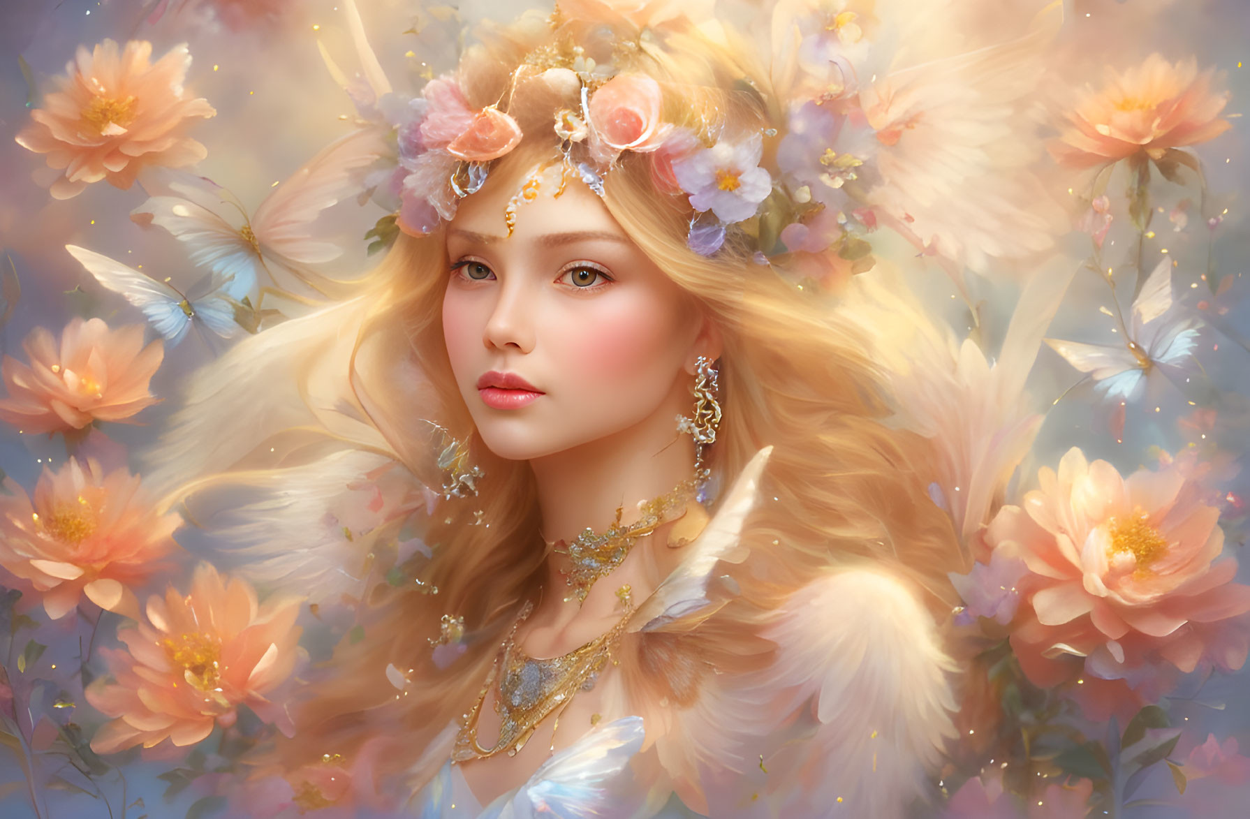 Fantasy portrait of woman with blond hair, floral crown, butterflies, and flowers