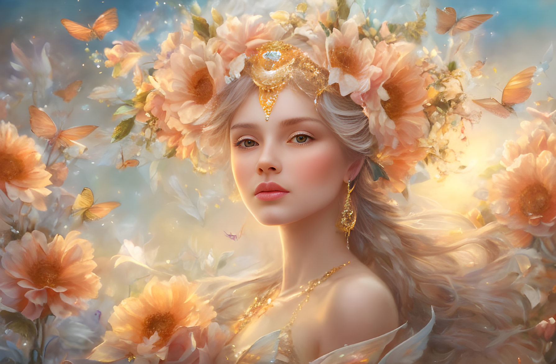 Ethereal woman with floral headpiece and butterflies in golden light