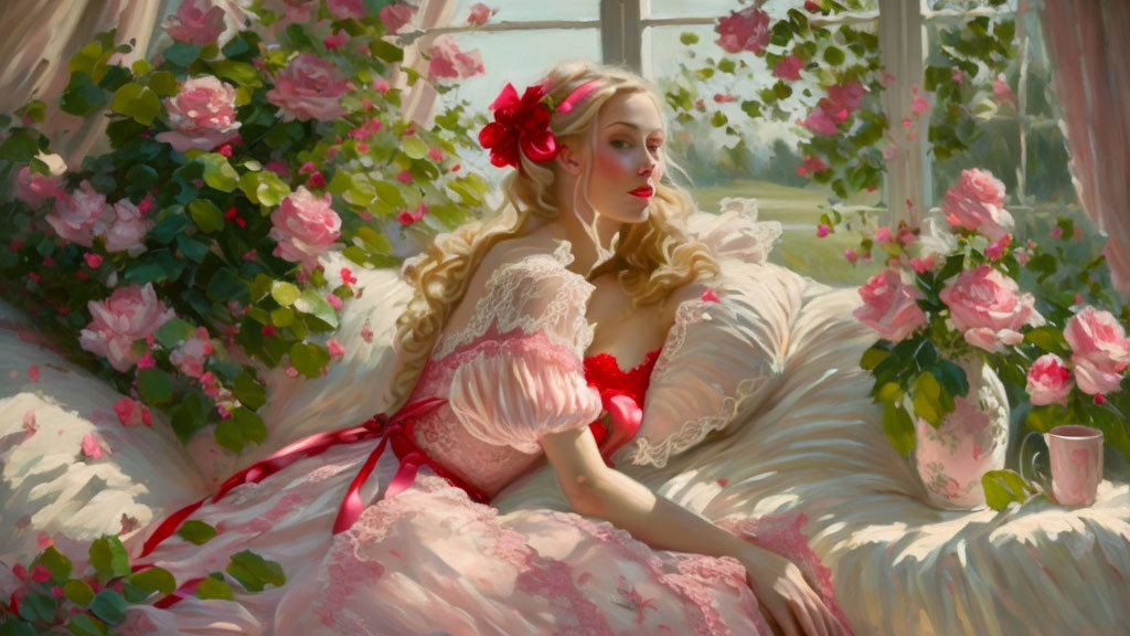 Woman in Pink Dress Surrounded by Roses and Sitting by Window