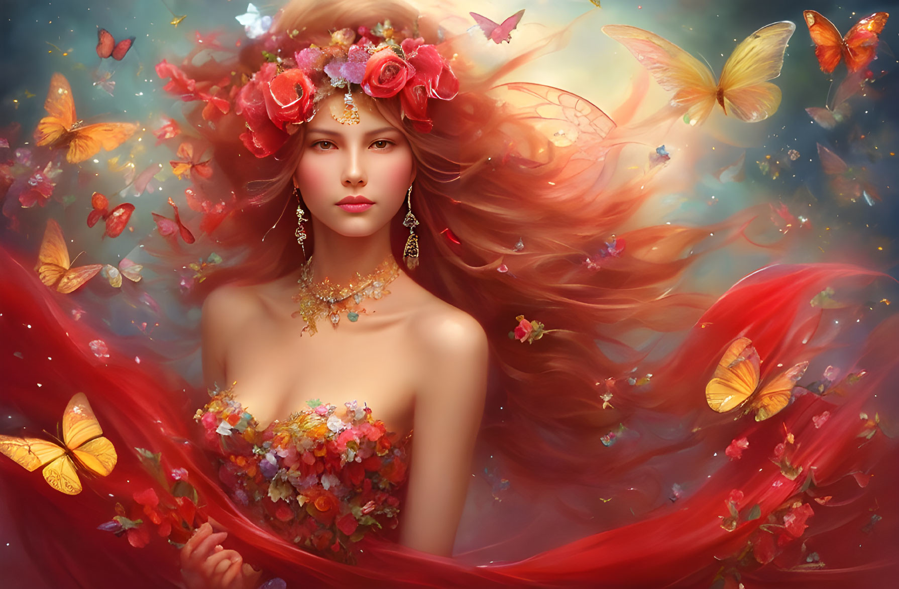 Fantastical portrait of a woman with red hair, roses, butterflies, and floral jewelry