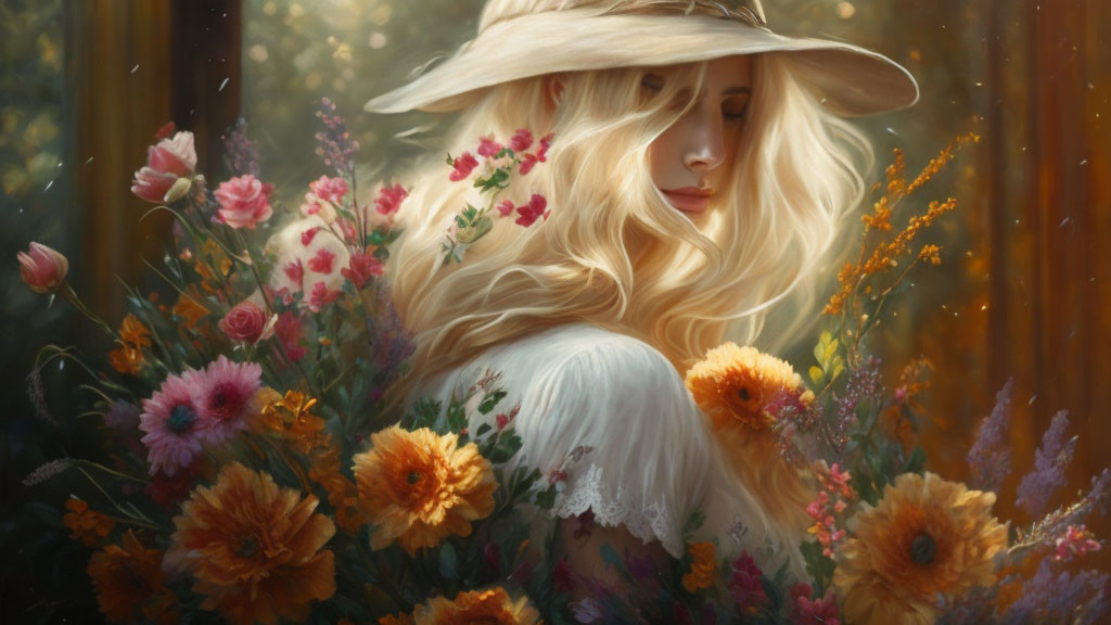 Woman in straw hat surrounded by vibrant flowers and sunlight filtering through natural backdrop