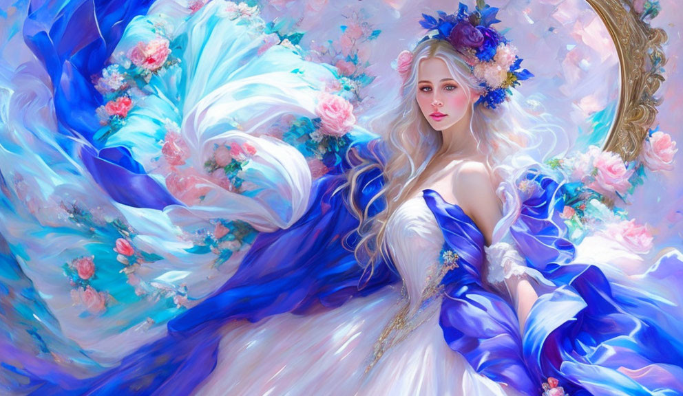 Blonde woman in blue and white gown with flowers against floral backdrop