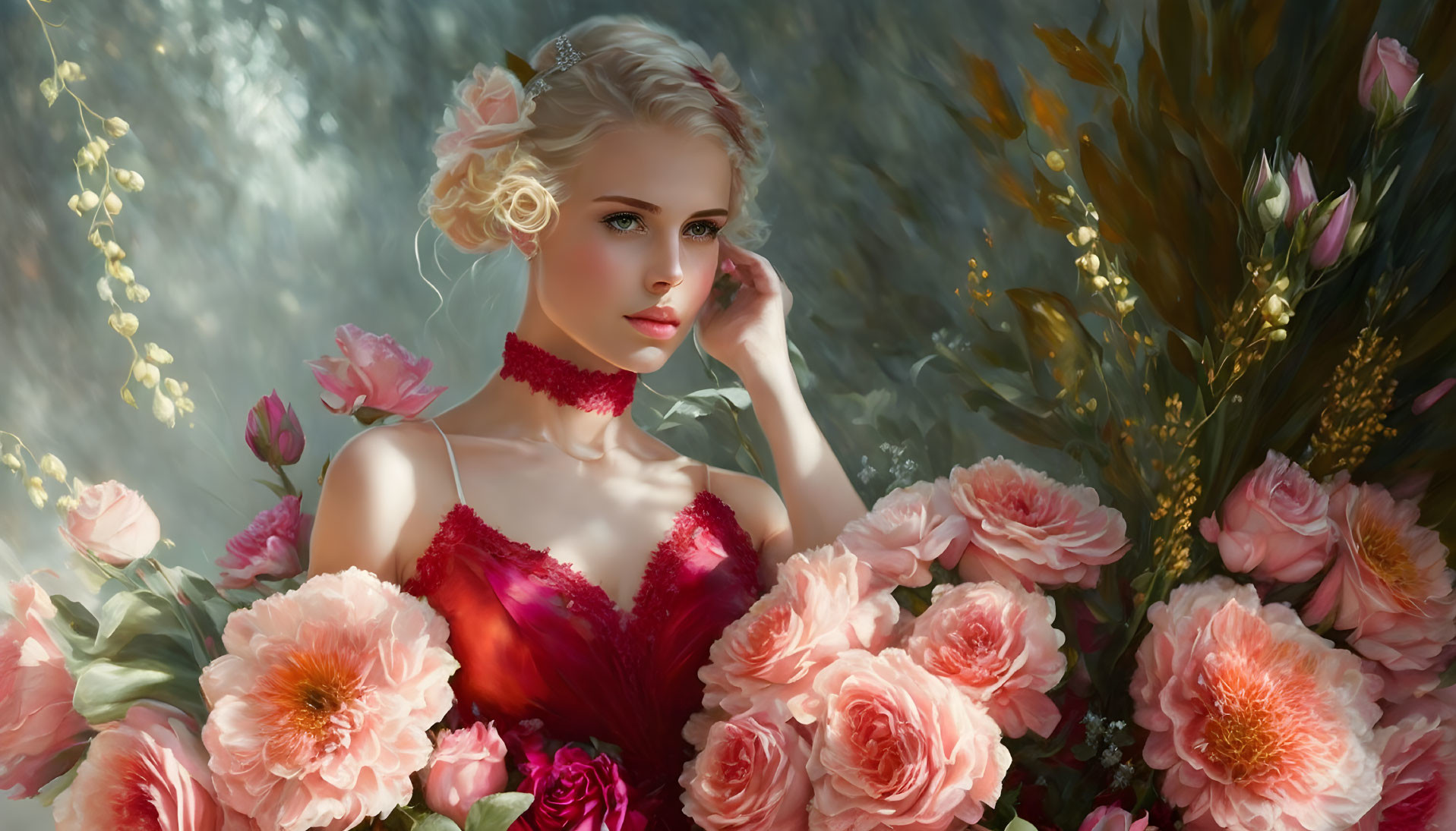 Ethereal woman with pink roses in dreamy setting