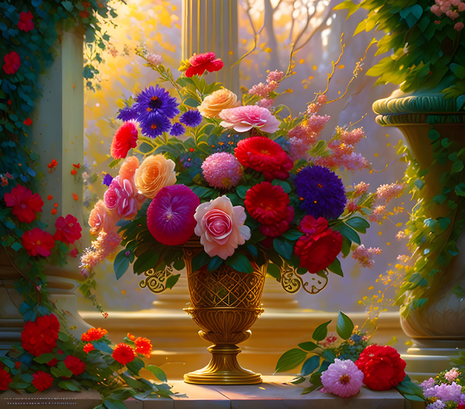 Mixed Flower Bouquet in Golden Vase by Classical White Columns