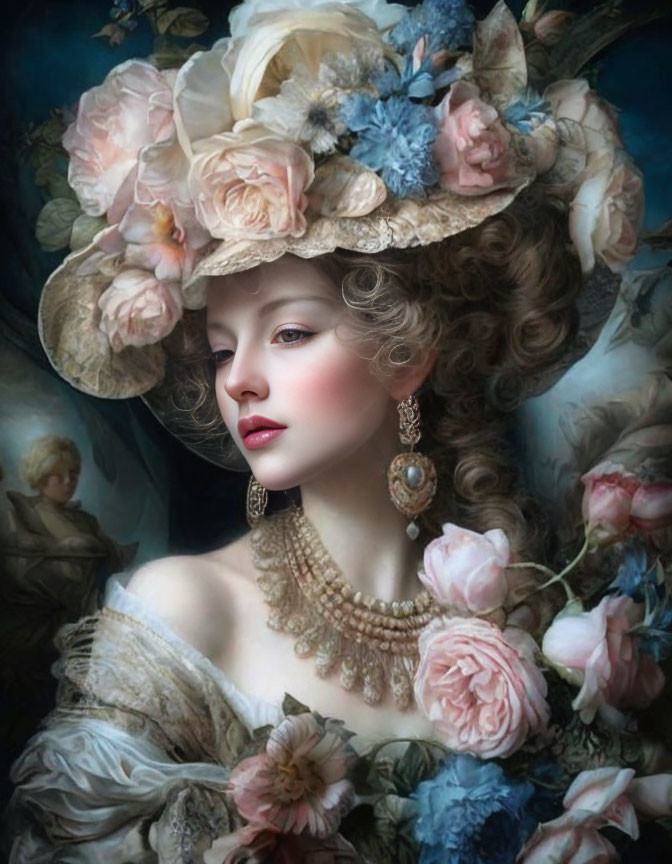 Vintage portrait of woman in floral hat and jewelry with soft-focused flowers