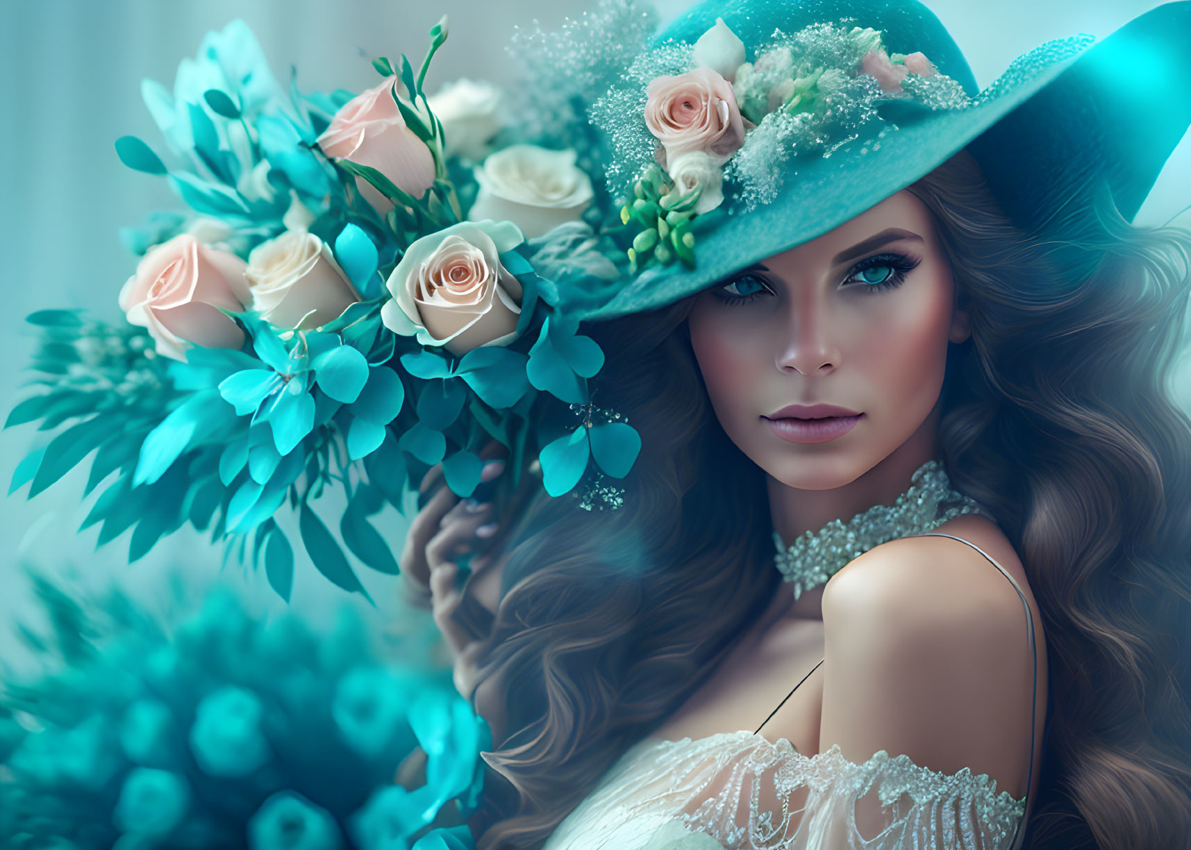 Woman with green eyes in floral hat amid blue flowers.