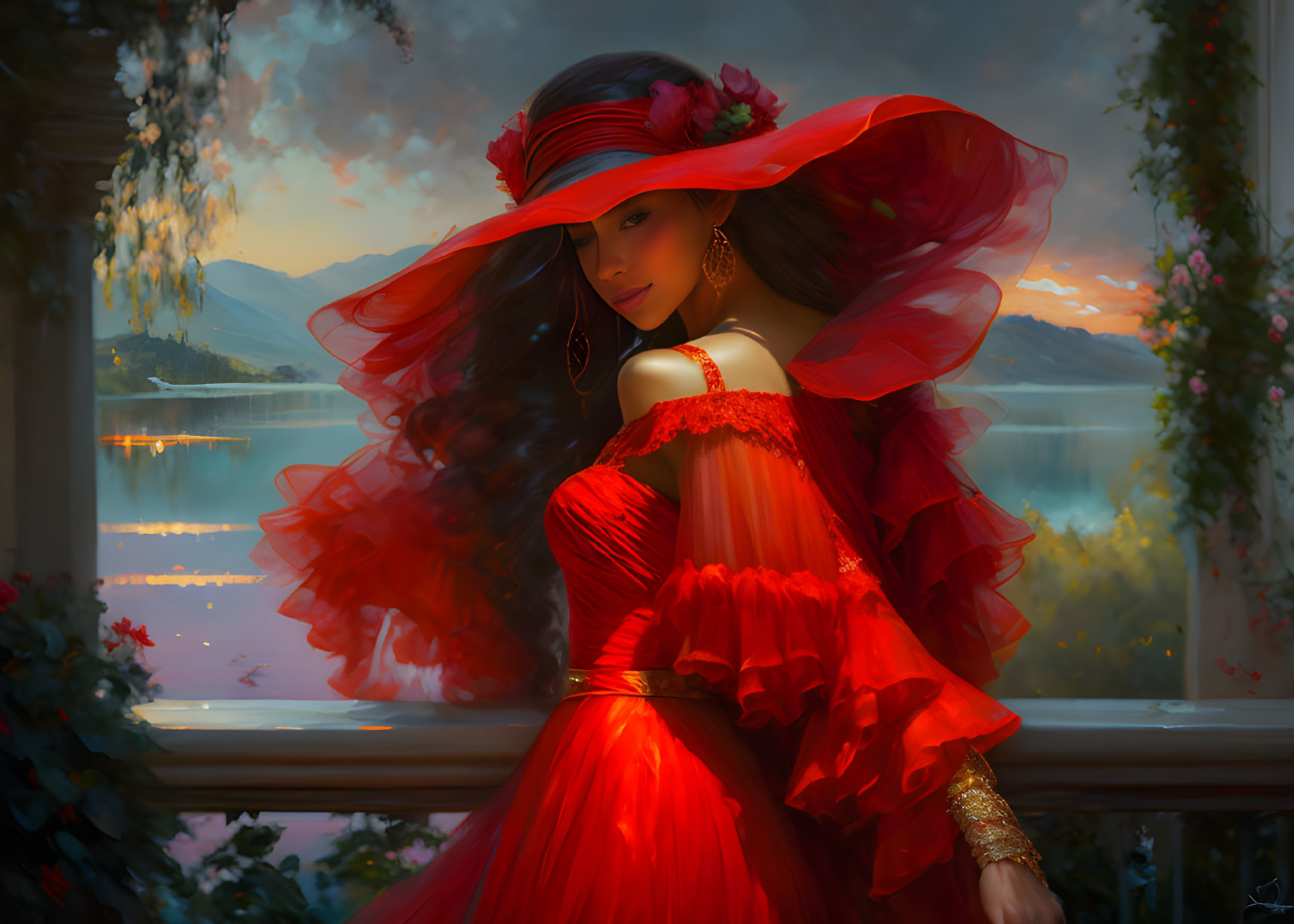 Woman in Red Dress and Hat by Tranquil Lake at Sunset