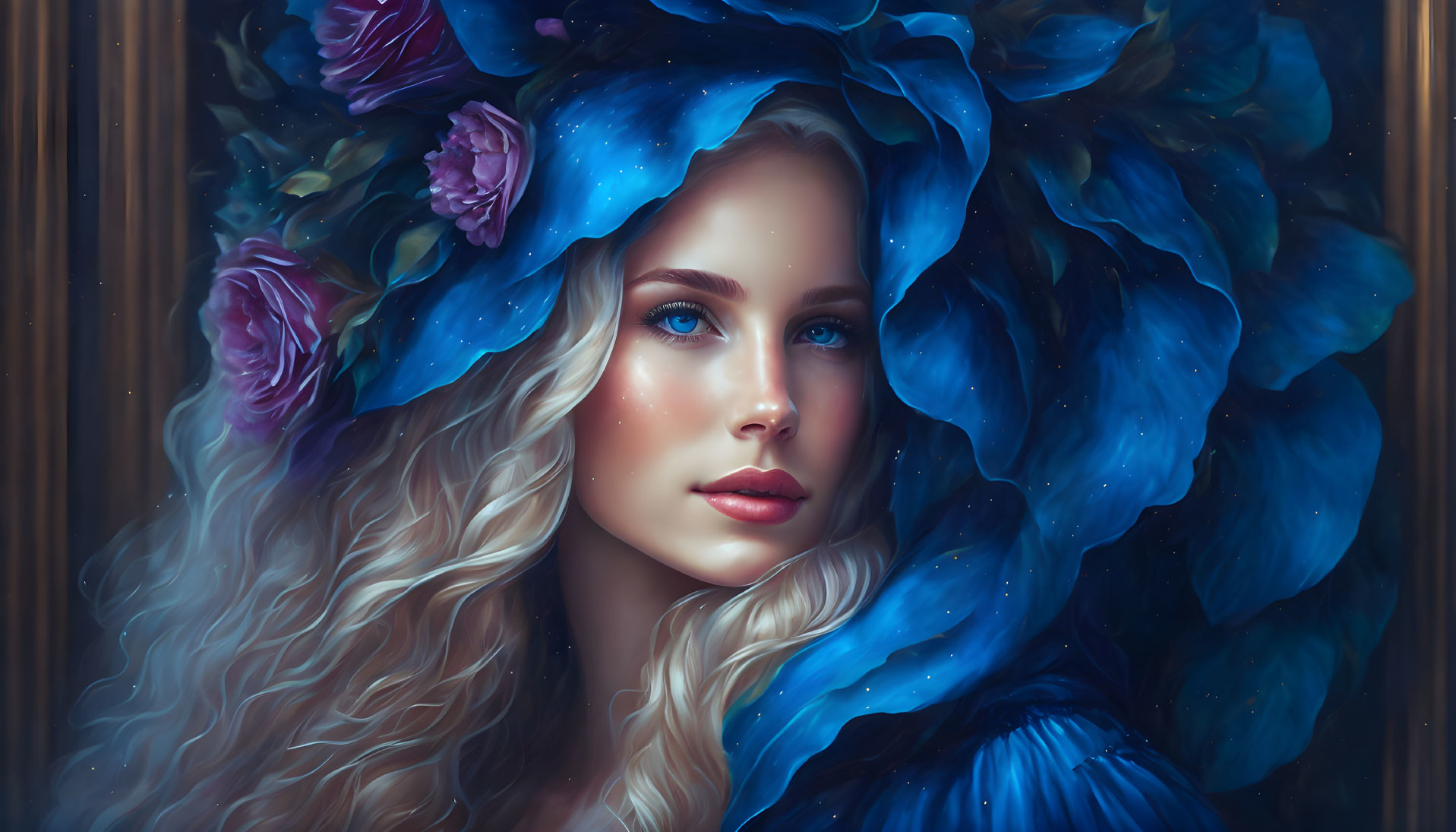 Detailed digital artwork of woman in blue floral attire with blonde curls