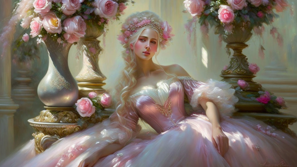 Ethereal woman in pink gown surrounded by roses and elegant decor