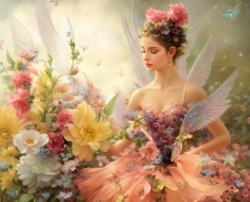 Enchanting fairy with delicate wings in floral dress amid vibrant flowers