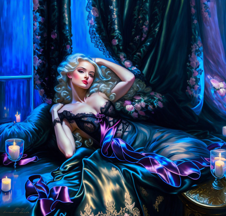 Blonde woman in dark lace dress on blue satin couch with candles in floral room