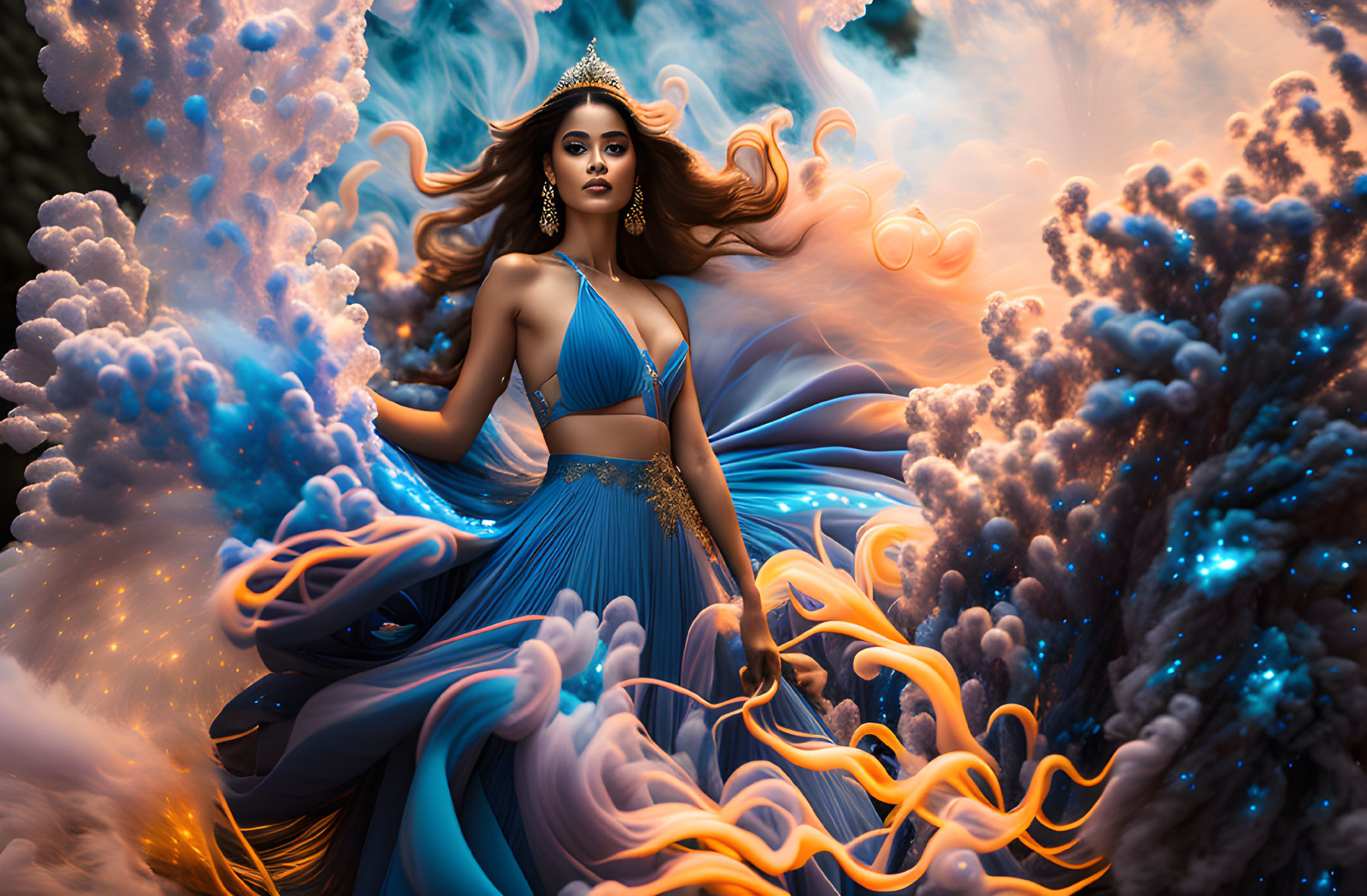 Fantastical portrait of woman in blue and gold outfit with flowing hair surrounded by swirling ethereal forms