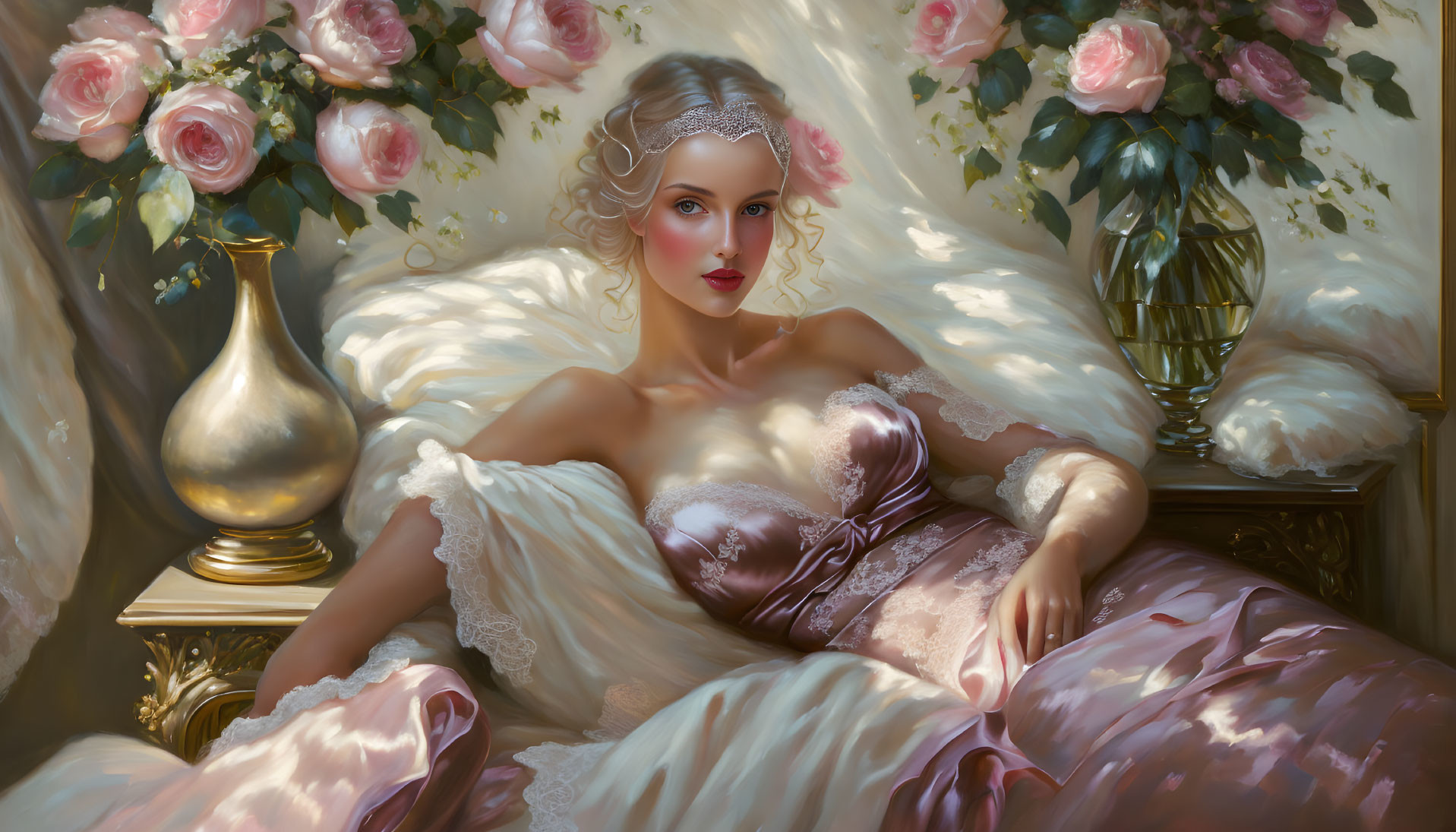 Vintage dress woman reclining among roses and drapery exudes classic beauty