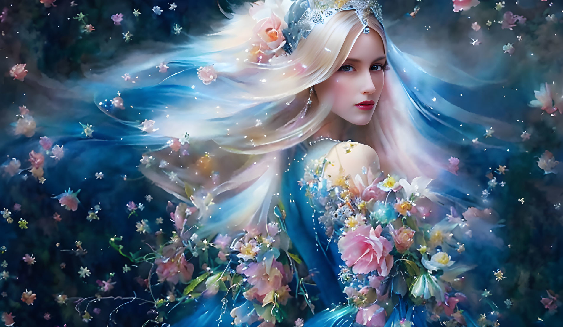 Fantastical image of woman with blue hair and flowers in dreamy floral backdrop