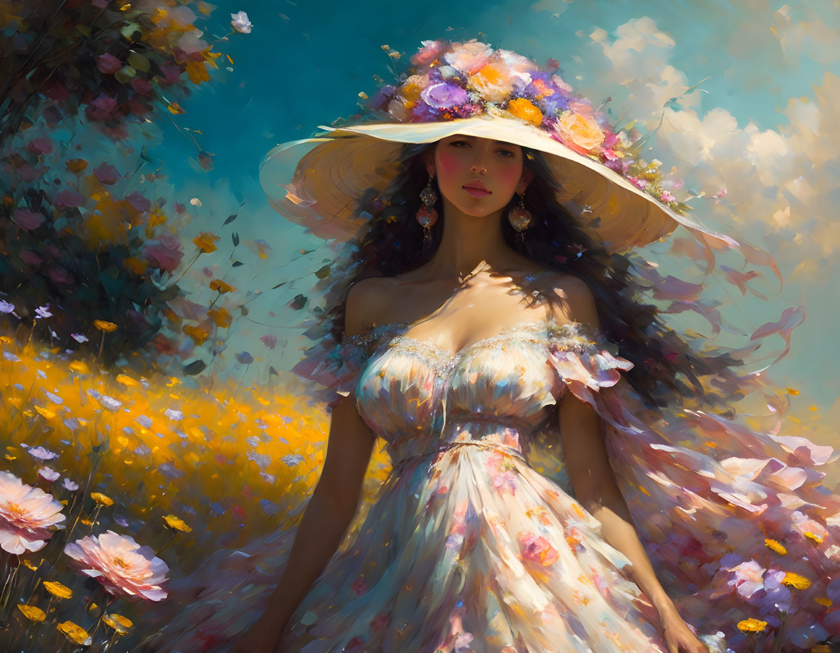 Woman in floral dress and hat surrounded by golden and pink blooms