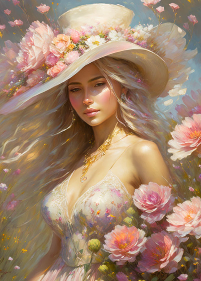 Floral hat and dress on elegant woman in blooming garden