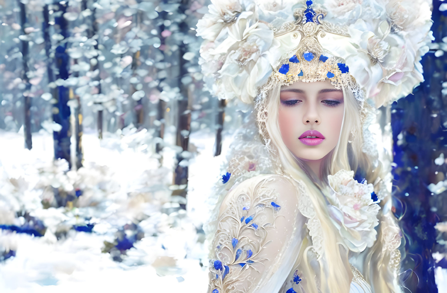 Woman in white and gold costume with crown in snowy forest scene.