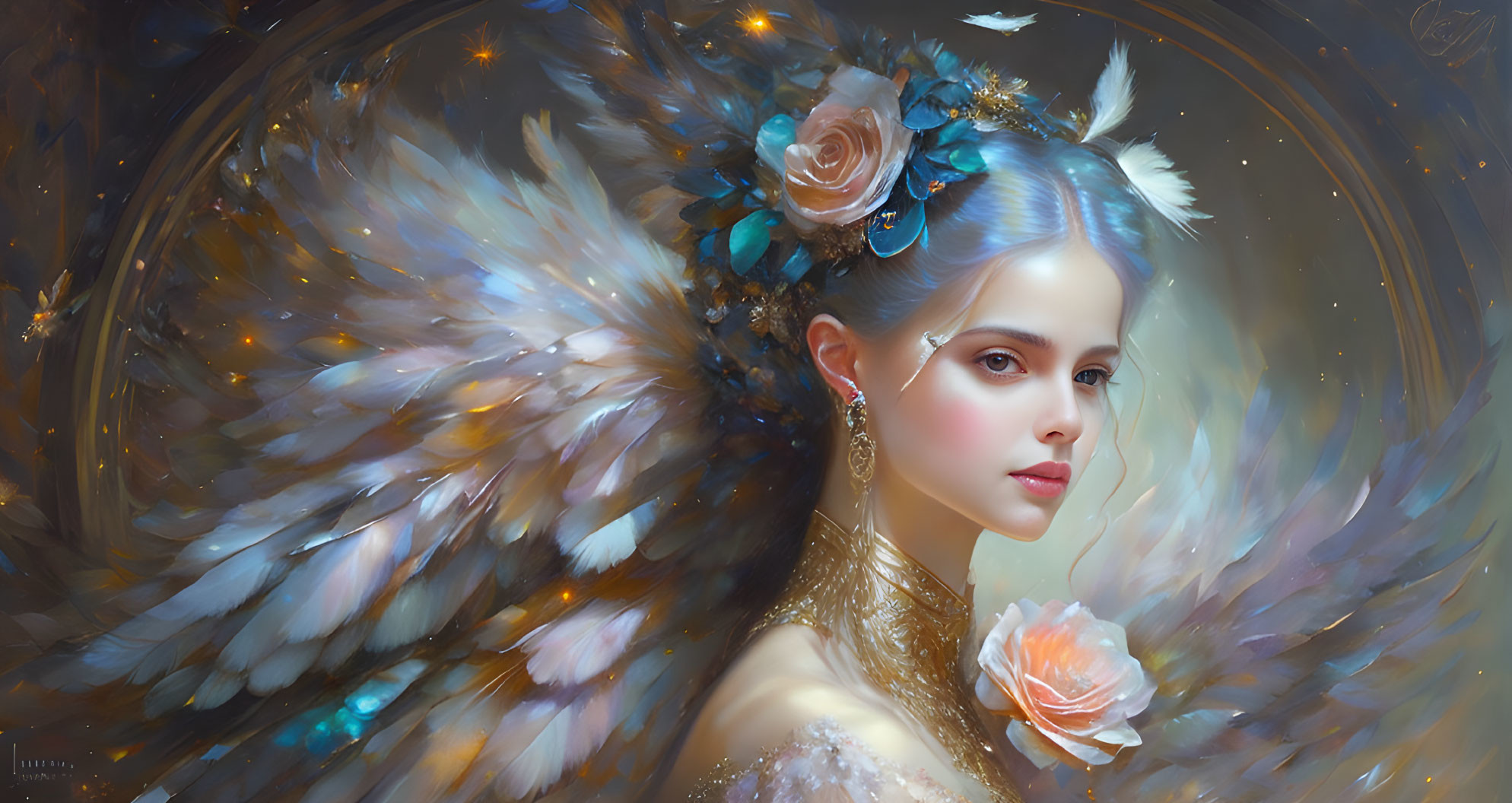 Woman with bird-like wings and floral hair in ethereal setting