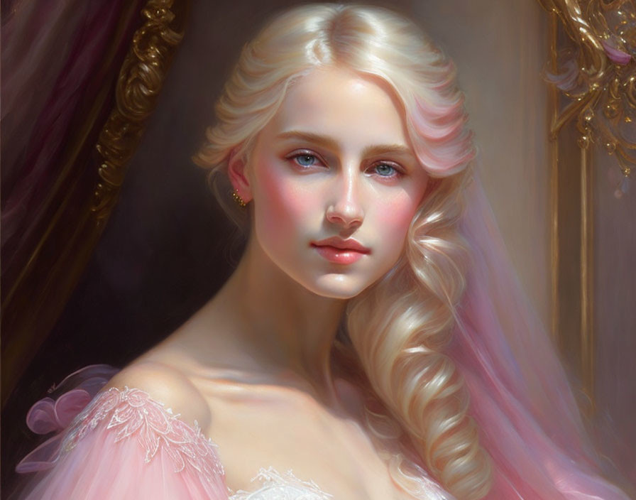 Portrait of woman with pale skin, blue eyes, blonde hair in pink off-shoulder dress