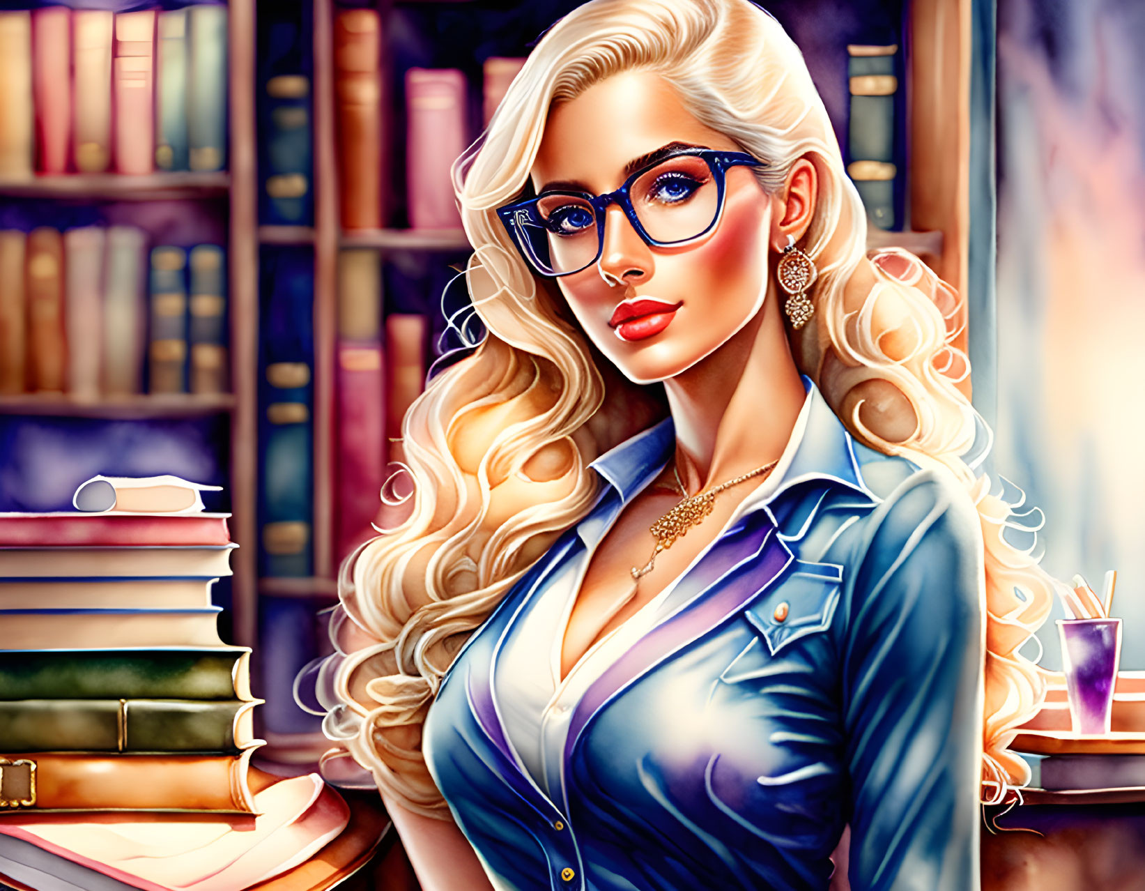 Blonde woman with glasses in library setting with books and candle