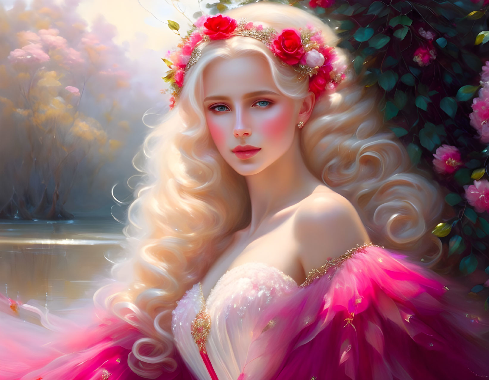 Fantasy portrait of woman with blonde hair, floral crown, pink dress in dreamy natural setting