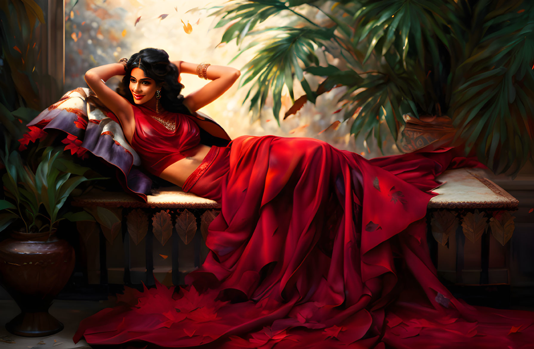 Woman in vibrant red sari reclines on bench among autumn leaves