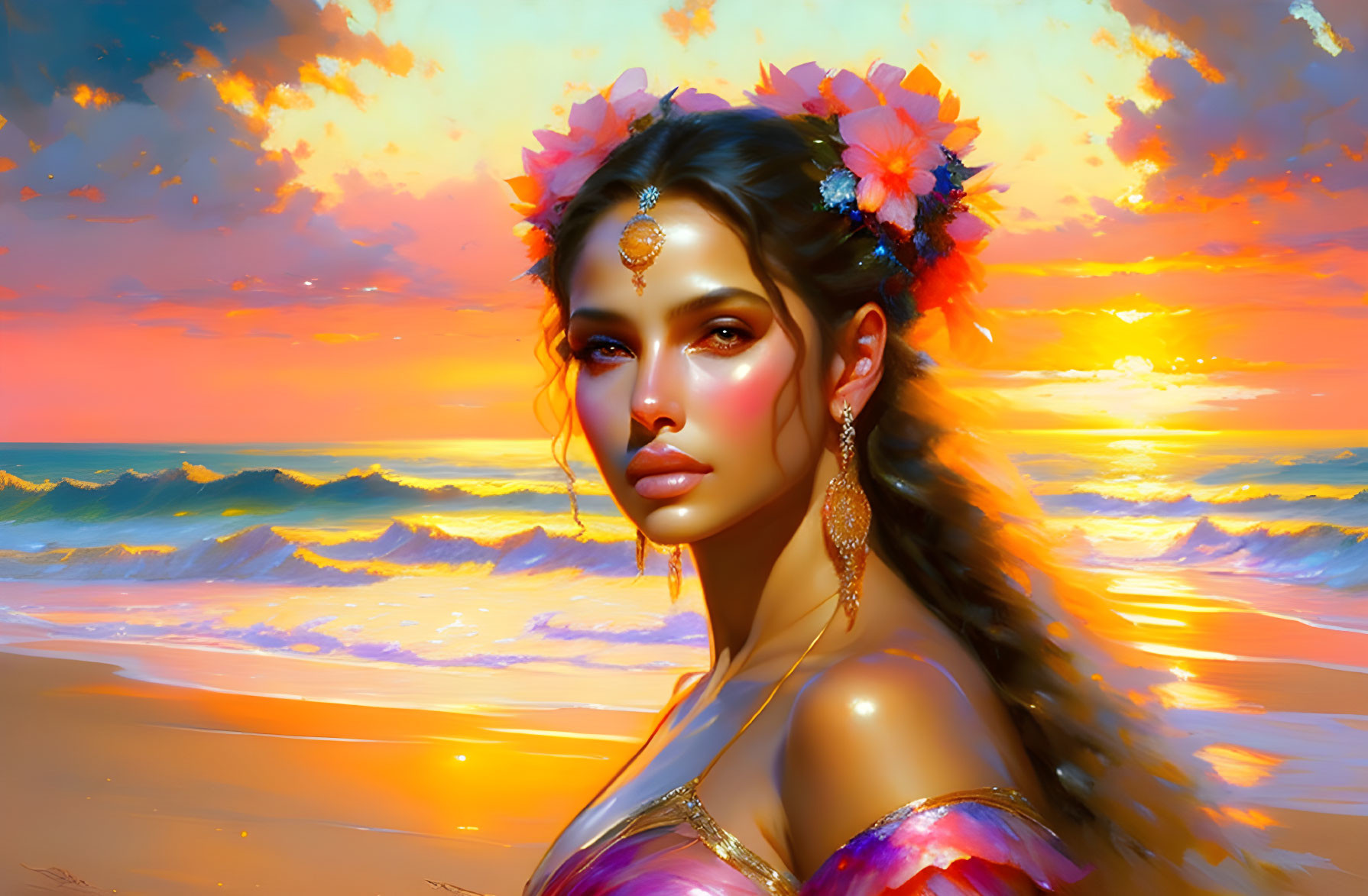 Woman with floral adornments gazes at vibrant ocean sunset