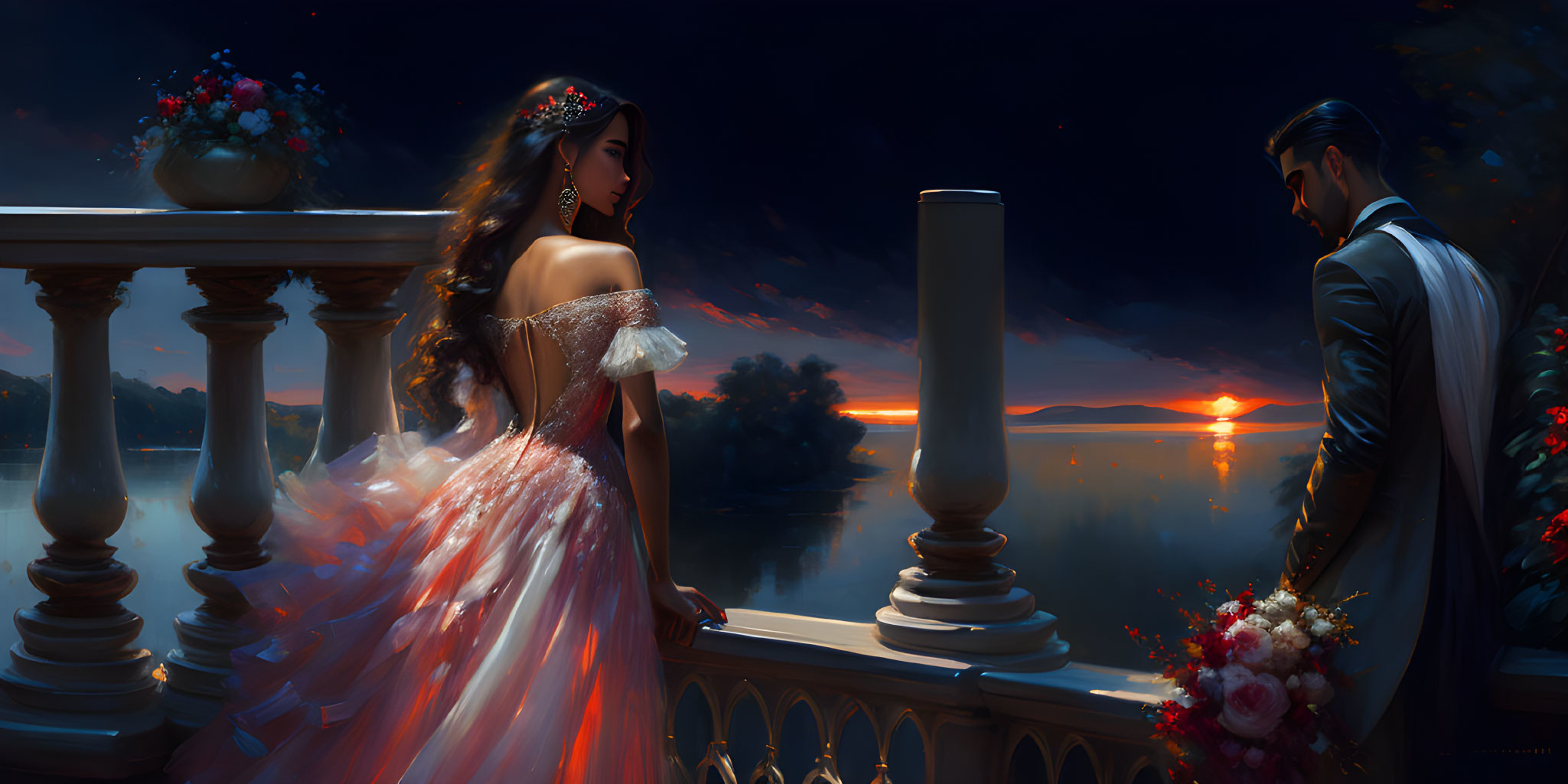 Couple in formal attire on balcony at sunset by water