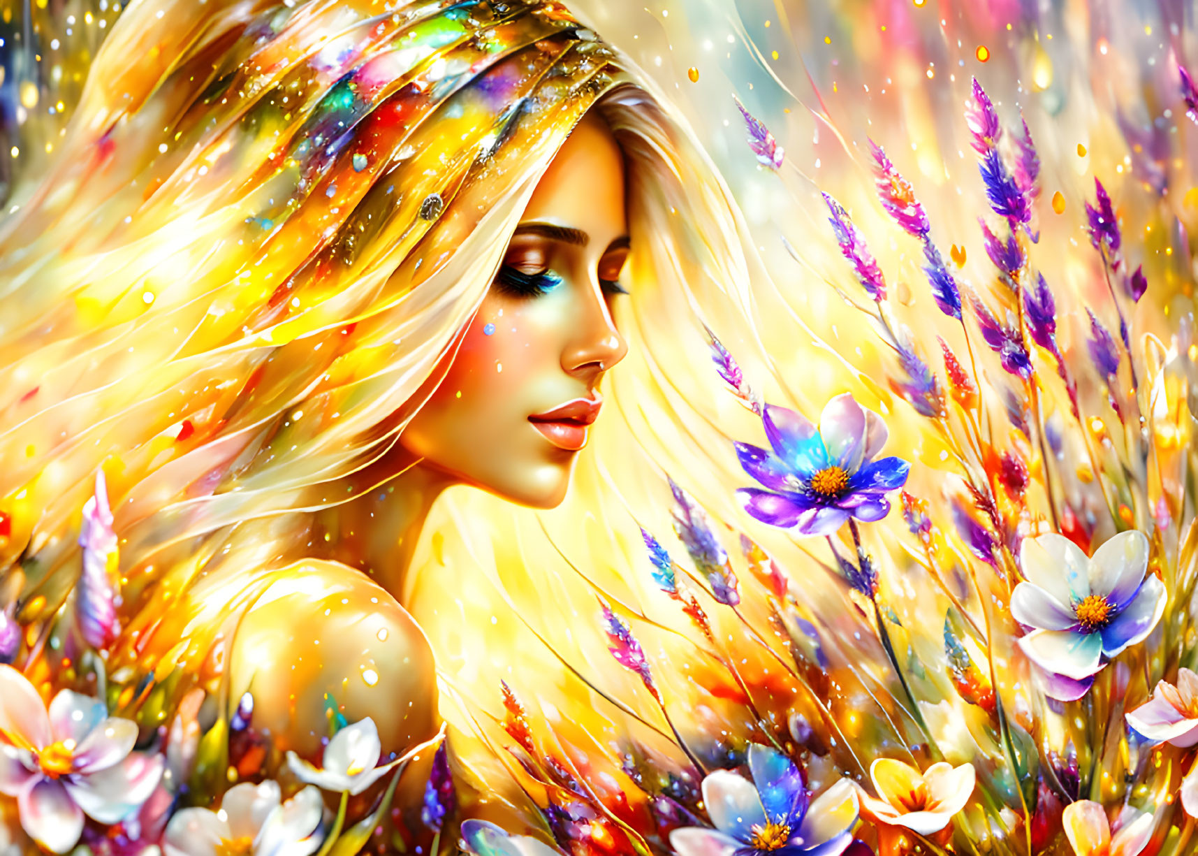 Colorful illustration: Woman with golden hair in radiant floral scene