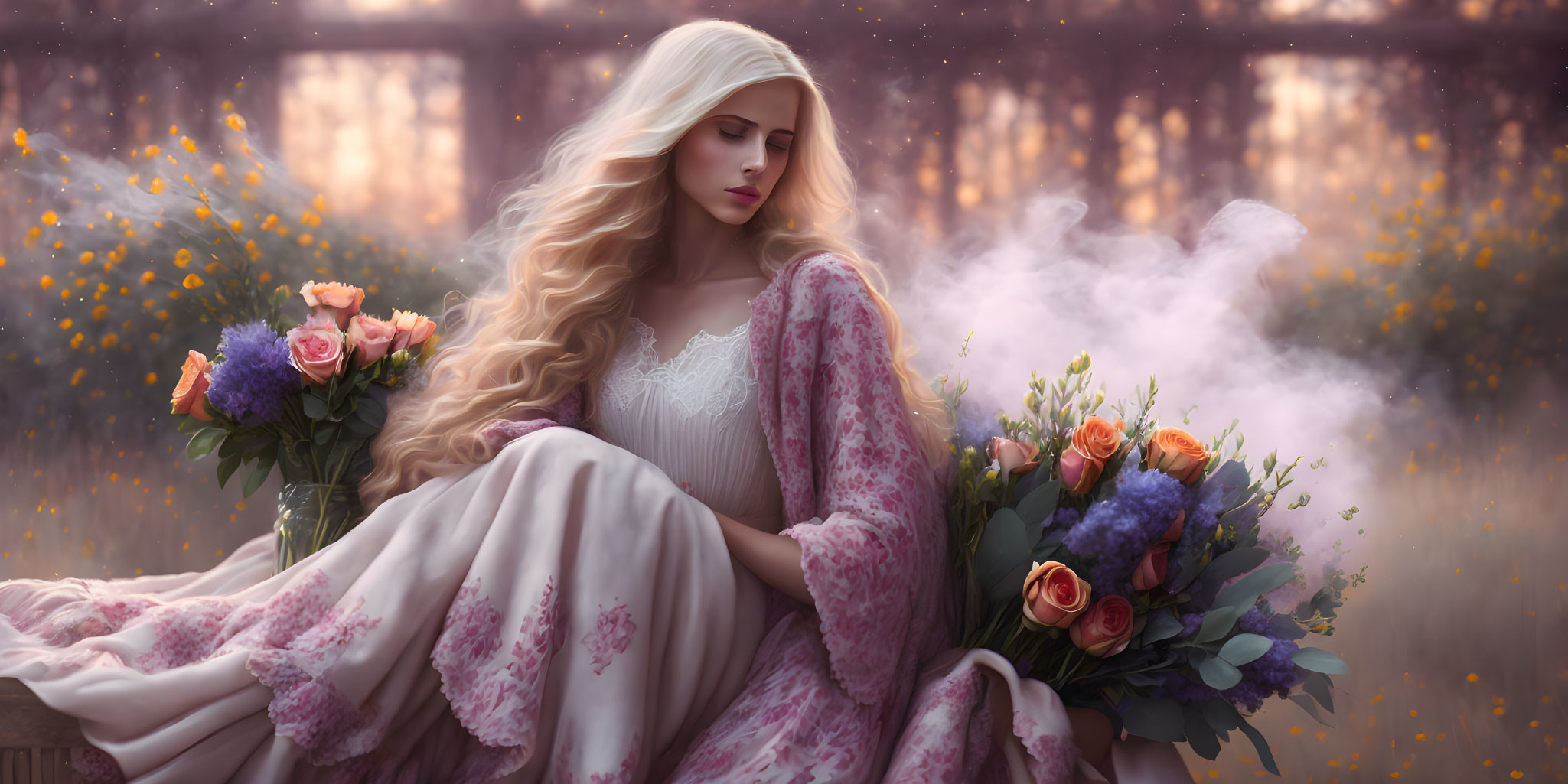 Blonde woman in floral dress with bouquet in mystical forest at dusk