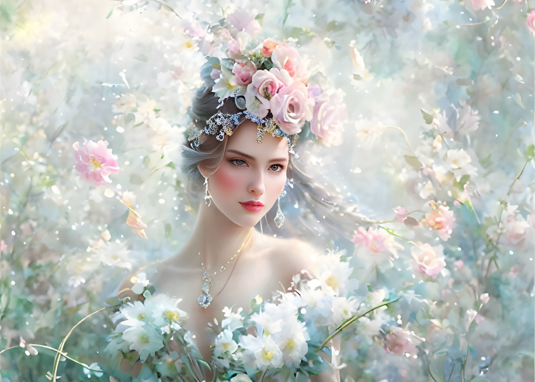 Floral headpiece woman in blooming flower backdrop