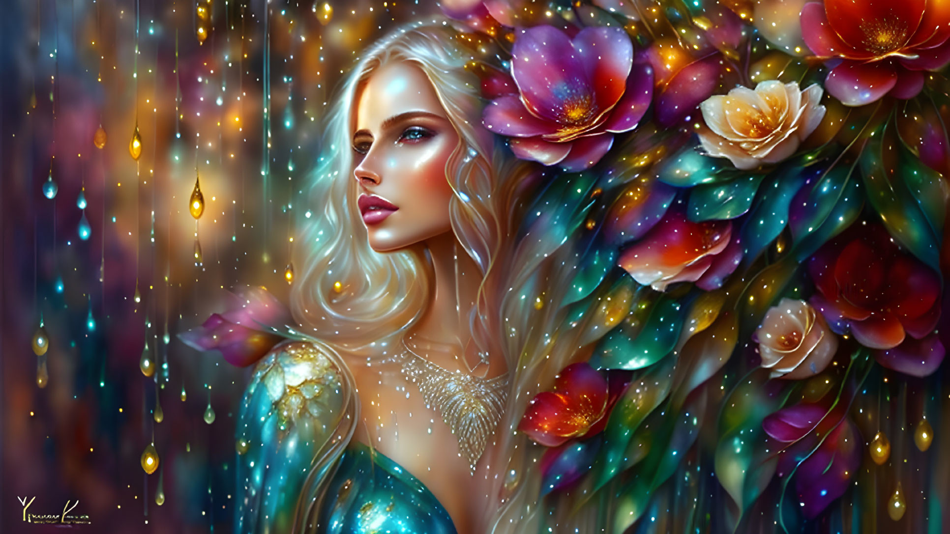 Digital artwork: Woman with flowing hair and luminous flowers in colorful, mystical aura.