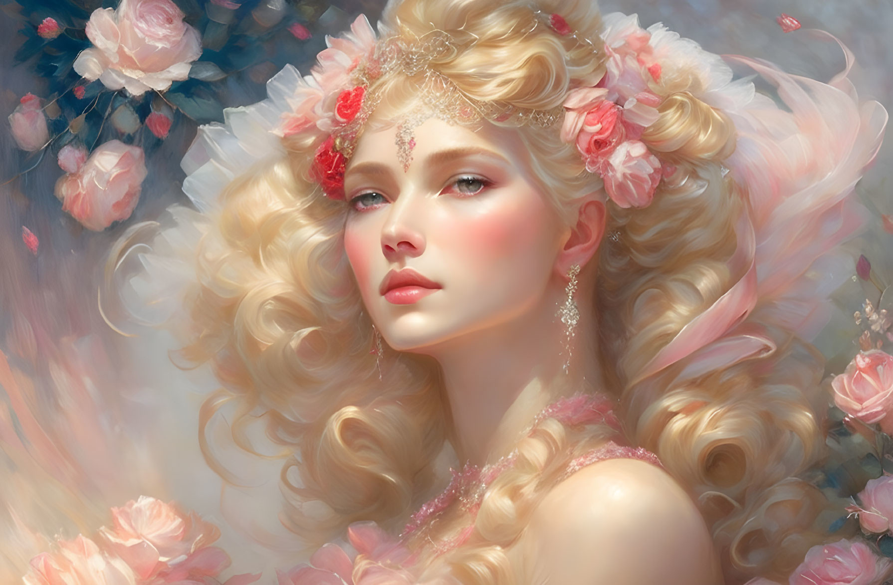 Blonde woman with roses and golden jewelry in soft rose background