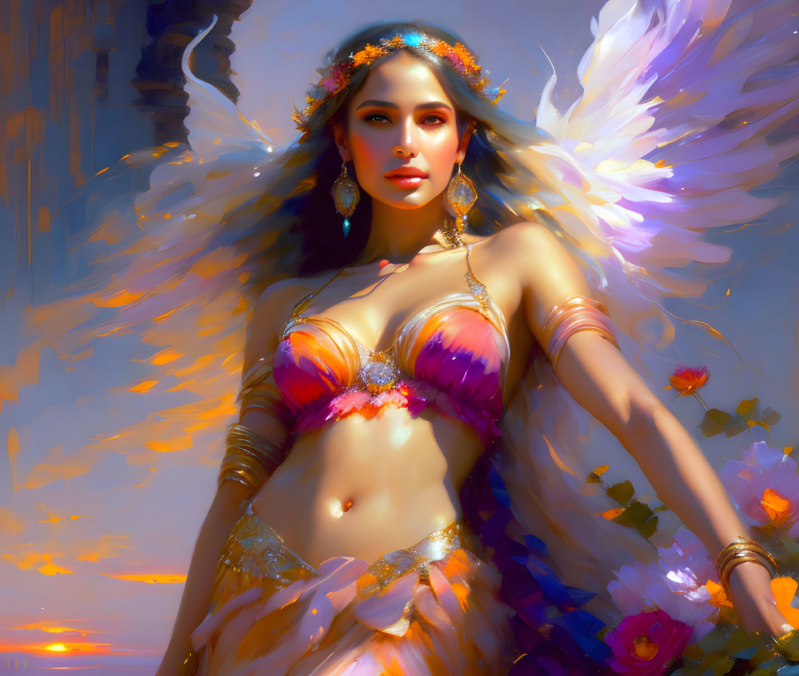 Ethereal woman with angelic wings in jeweled bikini on golden backdrop