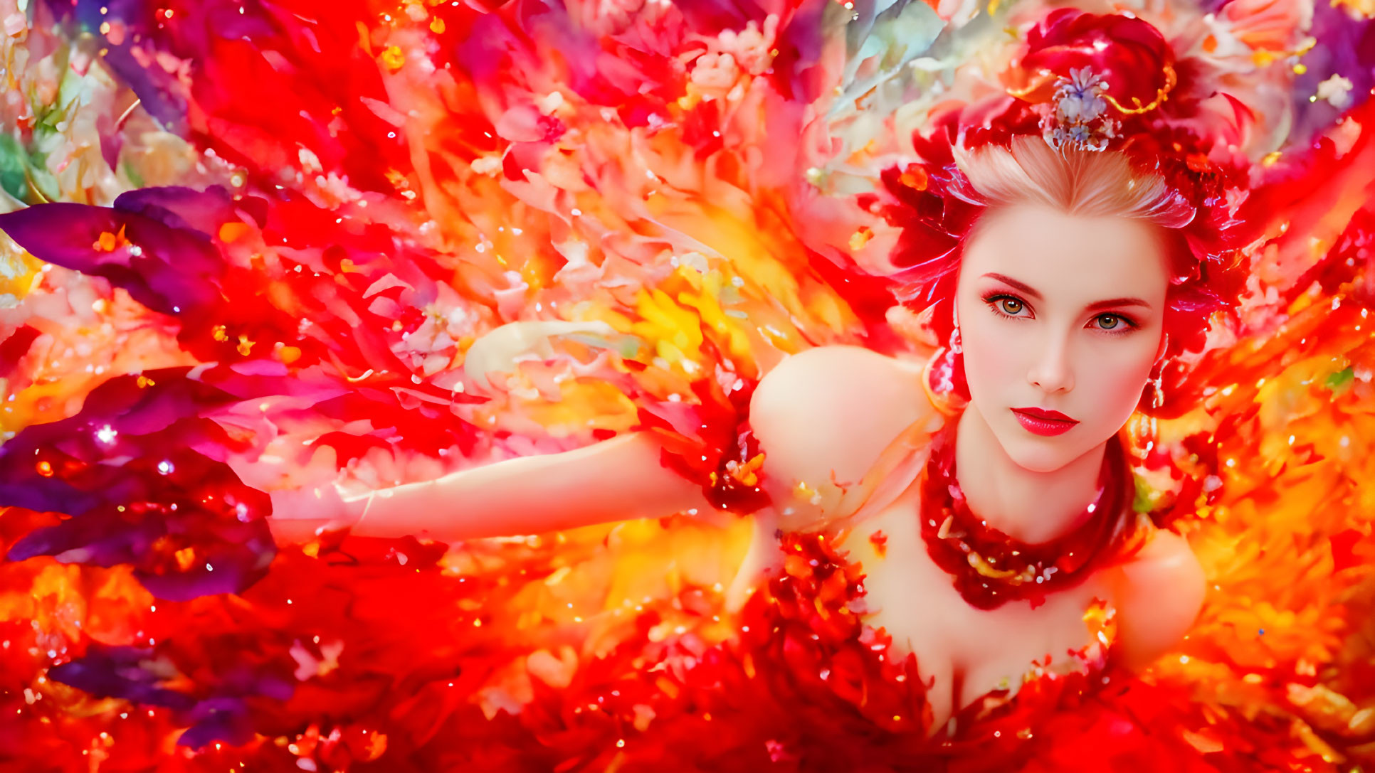 Woman in Red Floral Dress with Striking Makeup and Earrings Surrounded by Colorful Flower Petals