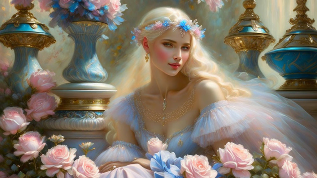 Blonde woman in blue gown with floral headpiece among pink roses