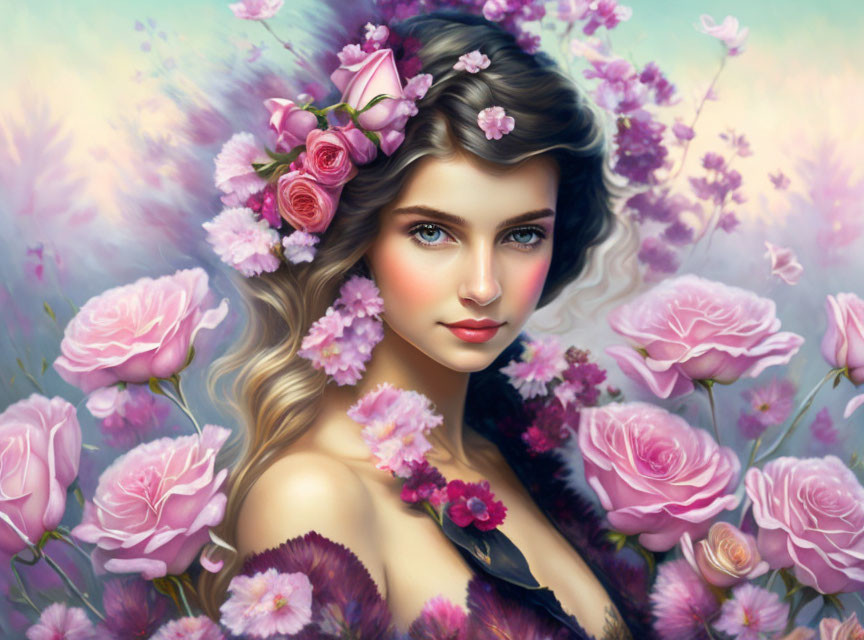 Woman with Wavy Hair Surrounded by Pink Roses